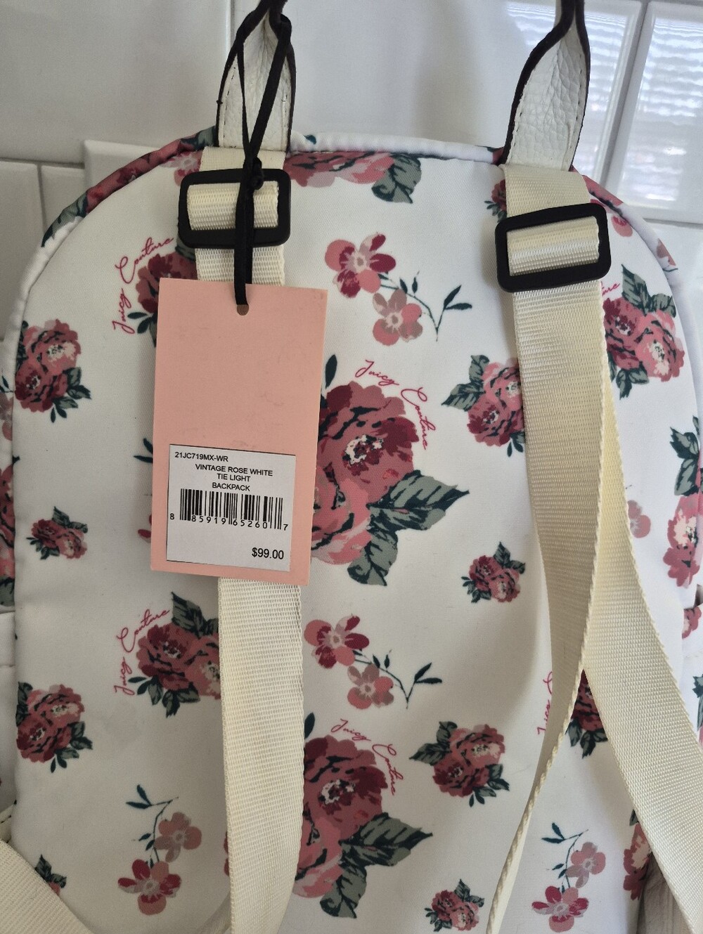 New- Juicy Couture- White/Red Roses Jeweled Medium Backpack Floral Backpack - Picture 3 of 9